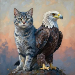 painting of hybrid between cat & eagle, intercrossed animal, mixture animal, by tiffany bozic, by zdzislaw beksinski, organic, nature study, accurate anatomy, cold hue's, warm tone gradient background, concept art, beautiful composition, digital painting,