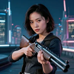 photographic portrait of a techwear woman holding a shotgun, closeup, on the rooftop of a futuristic city at night, a futuristic city in the background, sigma 85mm f/1.4, 4k, depth of field, full color, Die Hard, movies with guns, movie firearms hands holding the gun anatomically correct