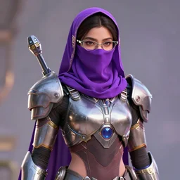 portrait anime android young cute hyderabadi woman with cateye glasses and purple niqab with a mjolnir powered assault armor, style artstation, style greg rutkowsk, octane render, unreal engine 6, epic game graphics, fantasy, ciberpunk, conceptual art, ray tracing