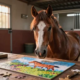 A horse attempting to solve a jigsaw puzzle, looking confused, cinematic lighting, evening light, stables, digital painting, volumetric light, concept art, trending on artstation