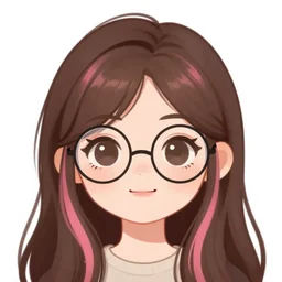 cute enby with long brown hair, pink streaks, androgynous boy girl, head and shoulders shot, round glasses, artstation, highly detailed portrait, beautiful digital painting, discord avatar, minimalistic, white background