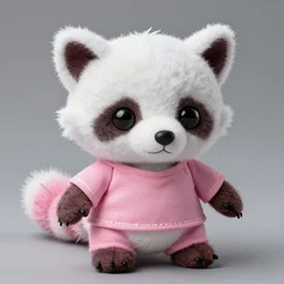 a creepy white - and - pink coati plushie made with rough fabric and wearing a shirt
