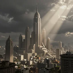 concept art of a cityscape by eddie mendoza, atmospheric, detailed, matte, godrays, monumental