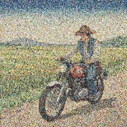 A Japanese cowboy rising a classic motorbike on a dirt road through rice field, panoramic, ukiyo-e