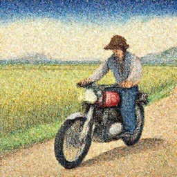 A Japanese cowboy rising a classic motorbike on a dirt road through rice field, panoramic, ukiyo-e
