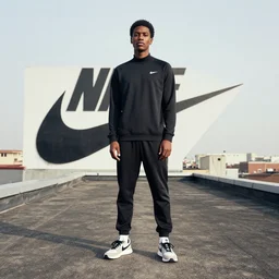 a photo of a man standing on a roof, in front of him a nike ad