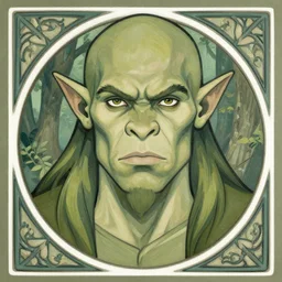 head-on symmetrical centered painted portrait,  D&D male orc forest druid, art nouveau, tarot card style, tarot card style, fantasy, intricate, elegant, highly detailed, smooth, sharp focus, illustration, artstation, in the style of Artgerm and Anna Podedworna and Alex Ross and Mucha