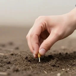 a closeup of a hand planting a seed in the ground, limited neutral palette, by petros afshar, anton fadeev, dean ellis, beautiful graphic full body portrait, propaganda poster art 1 9 7 0 s illustrated advertising art, painterly character design