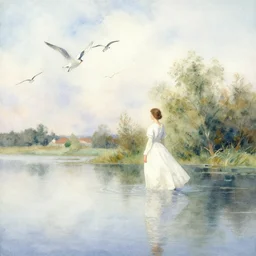 watercolor lanscape by anders zorn, flying birds, water, white dress
