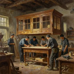 highly detailed oil painting | very intricate | cinematic lighting | award - winning | craftsman | building a piece of furniture in their workshop | beautiful cinematic light, american romanticism, by huang guangjian, gil elvgren, ruan jia, randy vargas, greg rutkowski, artstation, cgsociety, official art, octane