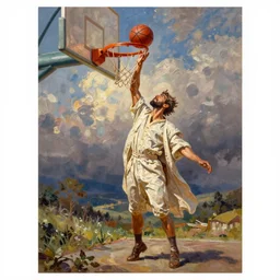 Oil painting of a Mormon missionary dunking a basketball, by Minerva Teichert