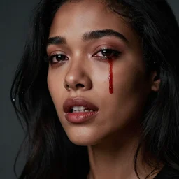 A portrait of a beautiful black haired woman with fangs crying blood
