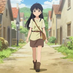 key anime visual portrait of a young female walking through a medieval village, dynamic pose, dynamic perspective, detailed silhouette, film grain, face by yoh yoshinari, detailed, intricate