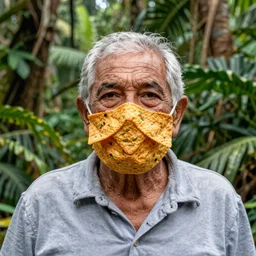 an elderly man wearing a mask made from nachos, bold natural colors, national geographic photography, masterpiece, 8 k, raw, unedited, symmetrical balance, jungle background