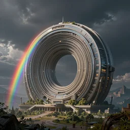 photorealistic, giant circular building, fantastical landscape, by anton semenov, trending on artstation, 4 k hd, gigapixel, fantasy art, sharpness applied, hyperrealism, low light, dark rainbow
