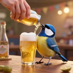 a bird drinking beer, 4k, party