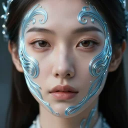 intricate highly detailed face portrait of asian - european woman, light blue chrome vines on her face, intricate, cgsociety, unreal engine, octane render, sharp focus, smooth, volumetric lighting, cinematic composition, artstation