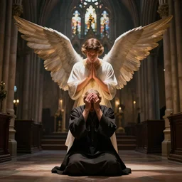 angel protecting man who is praying inside a gothic church, cinematic style, 4K highly detailed, light studio style