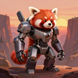 mech shaped like a red panda, machine, canyon background, sunset, greg rutkowski, digital painting