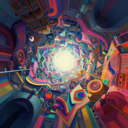 hyper-maximalist overdetailed cinematic 70% portrait 30% abstract geometric collage pesudofigurative digital illustration by archan nair inspired by heidi taillefer. Dramatic lights. Psychedelic visionary artwork. Zenith view. Seen from below. 3d render