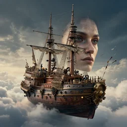 cinematic shot epic portrait a steam punk ship flying in the clouds, hyper realistic, mood lighting, fantasy, detailed face, highly detailed, super realistic, perfect lighting