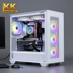 3 d render of white pc with rgb lights in a grey room, 8 k, unreal engine, intricate detail