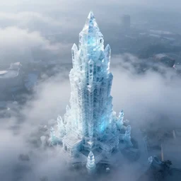 top view tower crystal ice architecture soul, ethereal, misty, unreal engine, octane, hdr, volumetric lighting, 4 k, 8 k, uhd w - 9 6 0 h - 9 6 0