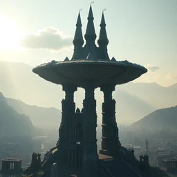 a gigantic brutalist ancient mushroom tower shapred like amanita muscaria, a detailed structure with at the top 3 spires in form of a trident, 6 0 0 hundred meters tall set against sunlit mountains and a huge old city, 8 k, artstation, volumetric lighting, cinematic composition, octane render, dark surrealism, highly detailed by peter mohrbacher, hajime sorayama, wayne barlowe, boris vallejo, aaron horkey, gaston bussiere, craig mullins