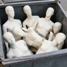 pile of mannequins thrown into a dumpster