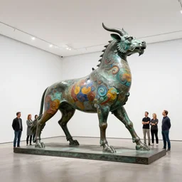 etablishing wide view shot of powerfull colorful intriguing polished painted massive bronze * poetic * sculpture of a mythic creature animal by in empty empty white space exposiion. elegant animal living. with collaboration of ellen jewett, zhelong xu, beth cavener, sayaka ganz, edouard martinet, john o'reilly and judith klaus