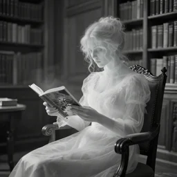 long shot, monochromatic photography of an eerie see - through ghost of a victorian woman reading in a chair, in a well - lit library room, crumpled torn photo, 2 4 mm, 8 k