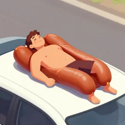 a half man half sausage suntanning on the roof of a car