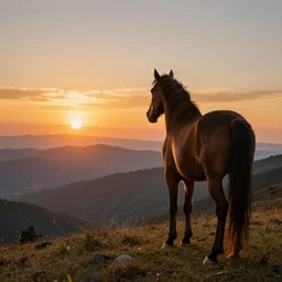 a horse watching the sunset from a mountain, photo realistic, trending on artstation, HDR, 8k