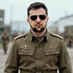 a military portrait photograph of zelenskyy wearing a ww 2 era general uniform and sunglasses, 1 9 4 8, colorized