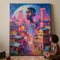 stylish - caricature - puffy environment concept - art of a neon lit ajegunle slum in nigeria, digital illustration by mike winkelmann, unreal engine 3 d vfx render, photographed by vivian maier, intricate detail, sharp, volumetric light, ray tracing, soft light, colourful, claymation, acrylic on canvas, cinestill, rule of thirds,