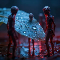 “ a world of light blue dew drops, red reflections of body horror people, dramatic backlit lighting, incredible reflections, macro bokeh ”
