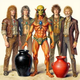 Psychedelic Physique Portrait Krang standing with black jar, a red clay pot greg rutkowski jen bartel peter mohrbacher anna podedworna arthur rackham salvador dali octavio ocampo jacek yerka winslow homer norman rockwell uta natsume prismacolor tombow quill