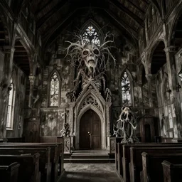 cronenbergian creature, southern gothic, inside of an old wooden church in louisiana, dark and intricate photograph
