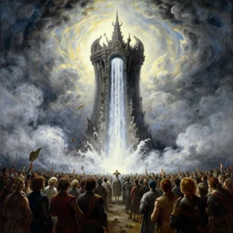 alvah angelrune water portal to hell located in heaven, crowd of people, rule of thirds, 4 k, dark bright effect, highly detailed painting by gaston bussiere, craig mullins, j. c. leyendecker