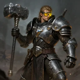 a storm giant man wearing yellow goggles, wielding mechanical hammer, blacksmith, wearing mechanical armor, izzet guild, d & d, fantasy, intricate, cinematic lighting, highly detailed, digital painting, artstation, concept art, smooth, sharp focus, illustration, art by artgerm and greg rutkowski and alphonse mucha