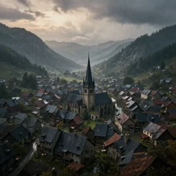 the center of a poor medieval town under the rain at late dawn, in a valley, surrounded by mountains, highly detailed, octane render, hyper realistic, ultra detailed cinematic, 8 k, photorealistic, widescreen, hd, hyper realism