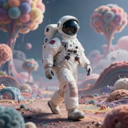 a futuristic detailed astronaut walking on an alien psychedelic planet with strange colorful fluffy clouds and distant mountains, 8 k