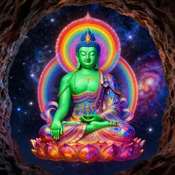 the most beautiful star system, sky full of brightly coloured starts, inside of an expansive cave, green tara buddha with a crown of rainbow clouds, coherent design, symmetrical, vivid color, complementary color, golden ratio, detailed, sharp lines, intricate, rainbowshift, by in unreal engine, nvidia, octane render