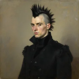 portrait of a handsome man in a black outfit, punk mohawk, piercings, a flemish baroque by alexander mcqueen, art by john collier by greg rutkowski and craig mullins, oil on canvas