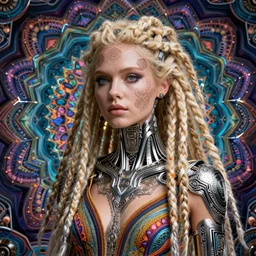 beautiful young biomechanical female blonde dreadlock cyborg, realistic skin, geometrical octagonal lace tattoo, alexander mcqueen, art nouveau fashion embroidered, futuristic android jones style steampunk, trippy lsd dmt hippie, colour craftsmanship, intricate silver filigree, contrast hexagonal mesh wire, mandelbrot fractal mandala lsd, dmt, alex grey, giger, hyperreal, photorealistic