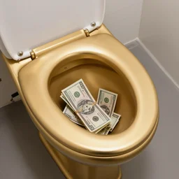 a golden toilet with a lot of cash in it