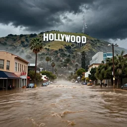 hollywood boulevard hit by a biblical flood during a storm, dramatic lighting, beautiful, stunning landscape artwork by artgerm, rutkowski, wlop highly detailed, photorealistic