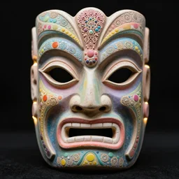 symmetrical tiki mask with eyes and mouth, black background, deep carving, colorful, soft pastel rainbow, acrylic dots, psychedelic trip, patterns, fine mandelbrot fractal lace, 1 5 0 mm, soft rim light, elegant, hyper real, depth of field, sharp focus, ultra detailed, octane render, giger beksinski, 1 6 k