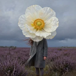 portrait, giant flower the head, a girl wearing a coat in heather field, surreal photography, wind and cold, dramatic sky, impressionist painting, digital painting, artstation, simon stalenhag