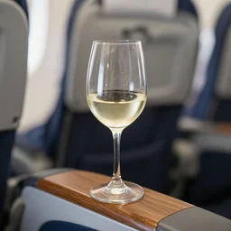 looking down at my glass of wine in premium economy, aeroplane seat, photorealism, highly detailed, wooden armrest, white wine, blur
